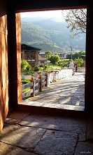 Looking out from the door of the cantilever bridge at Paro Dzong