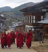 Monks returning from an evening stroll to Gangtey Gonpa, Bhutan