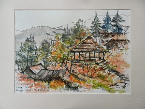 Painting of Camp Purple, Mukteshwar in ink & watercolour by Chitra Vaidya